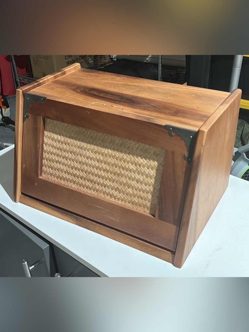 Woven Front Wooden Bread Box in Brown
